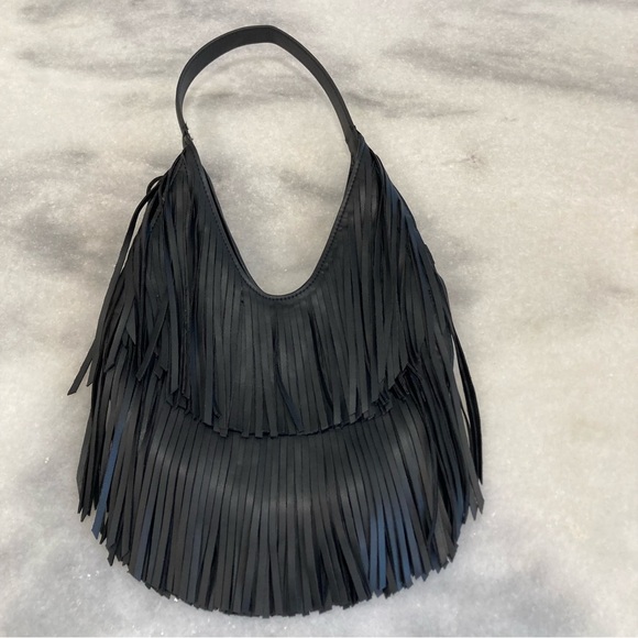 ZARA Black Faux Leather Fringe Shopper Hobo Handbag - Picture 10 of 11